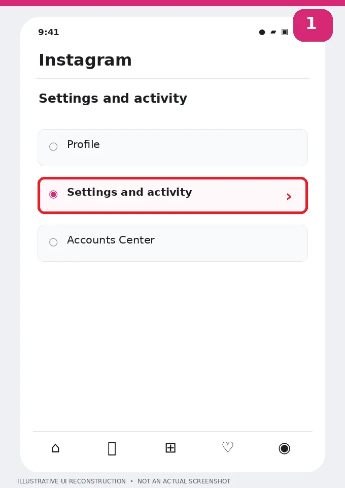Illustrative Instagram interface for mobile, step 1; actual interface may differ