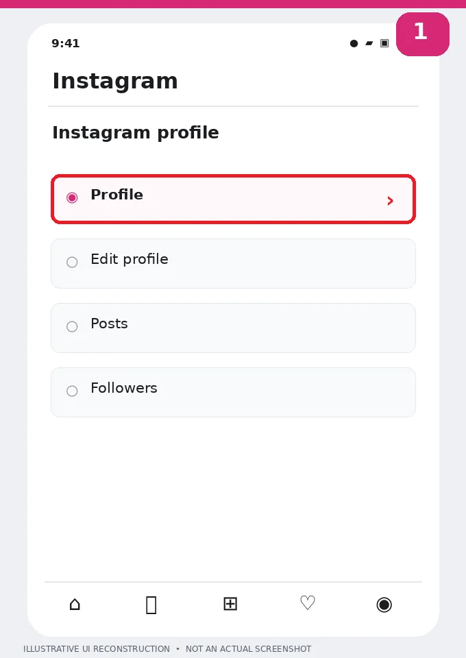Illustrative Instagram interface for mobile, step 1; actual interface may differ