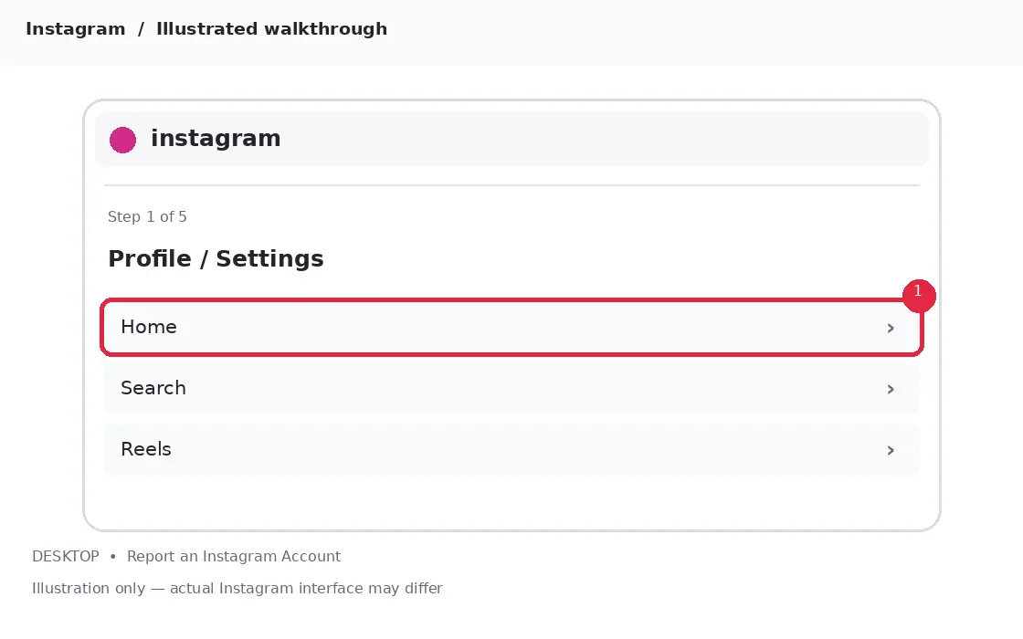 Illustrative Instagram interface for desktop, step 1; actual interface may differ