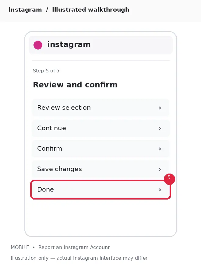 Illustrative Instagram interface for mobile, step 5; actual interface may differ