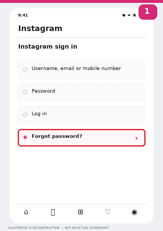Illustrative Instagram interface for mobile, step 1; actual interface may differ