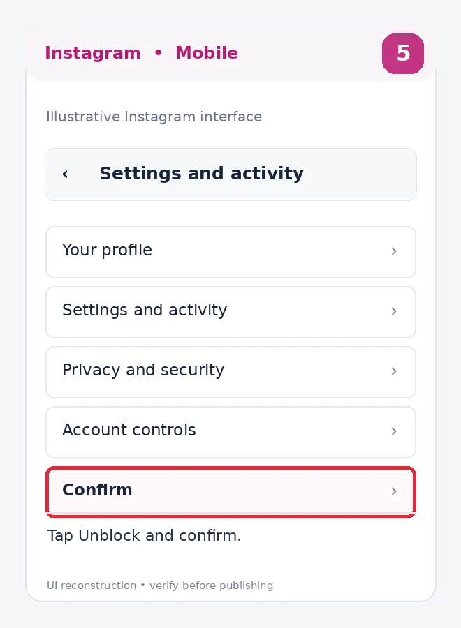 Illustrative Instagram interface for mobile, step 5; actual interface may differ
