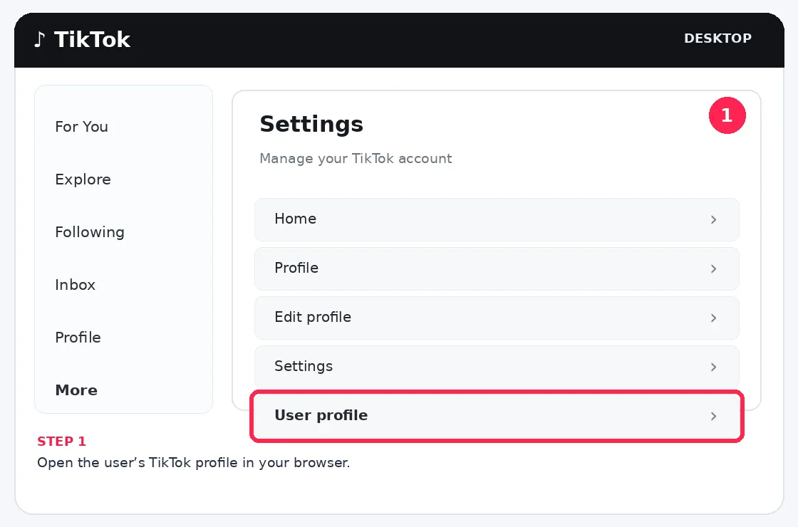 Illustrative TikTok interface for desktop, step 1; actual interface may differ