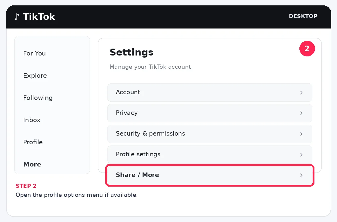 Illustrative TikTok interface for desktop, step 2; actual interface may differ