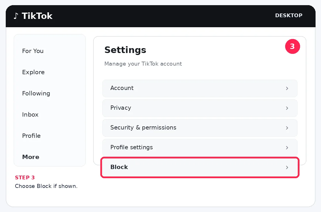 Illustrative TikTok interface for desktop, step 3; actual interface may differ