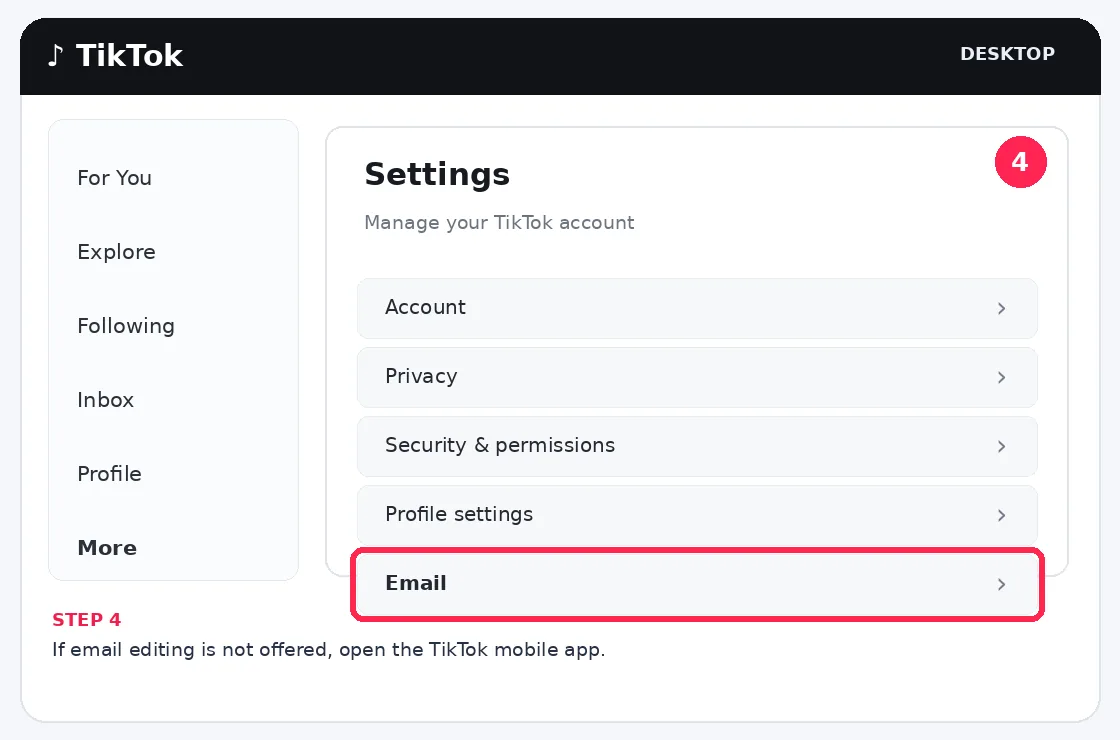 Illustrative TikTok interface for desktop, step 4; actual interface may differ