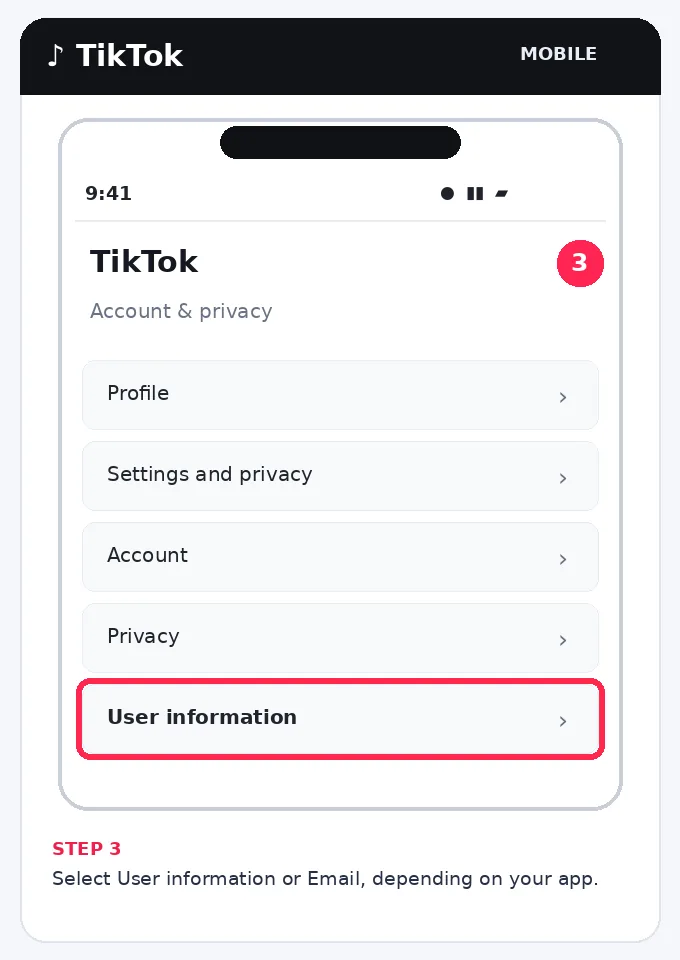 Illustrative TikTok interface for mobile, step 3; actual interface may differ