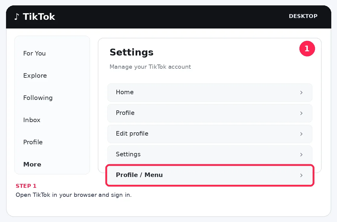 Illustrative TikTok interface for desktop, step 1; actual interface may differ
