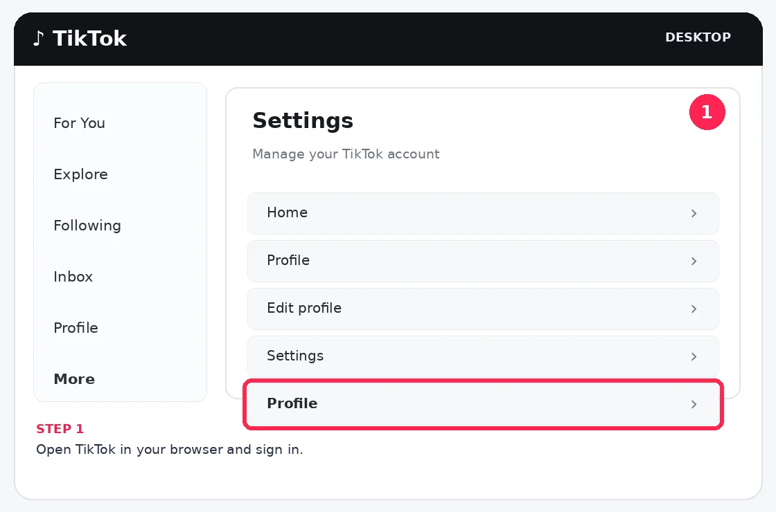 Illustrative TikTok interface for desktop, step 1; actual interface may differ