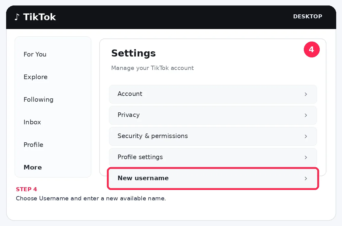 Illustrative TikTok interface for desktop, step 4; actual interface may differ