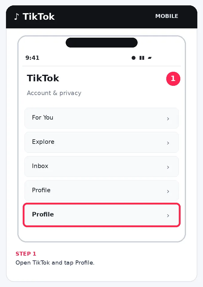 Illustrative TikTok interface for mobile, step 1; actual interface may differ