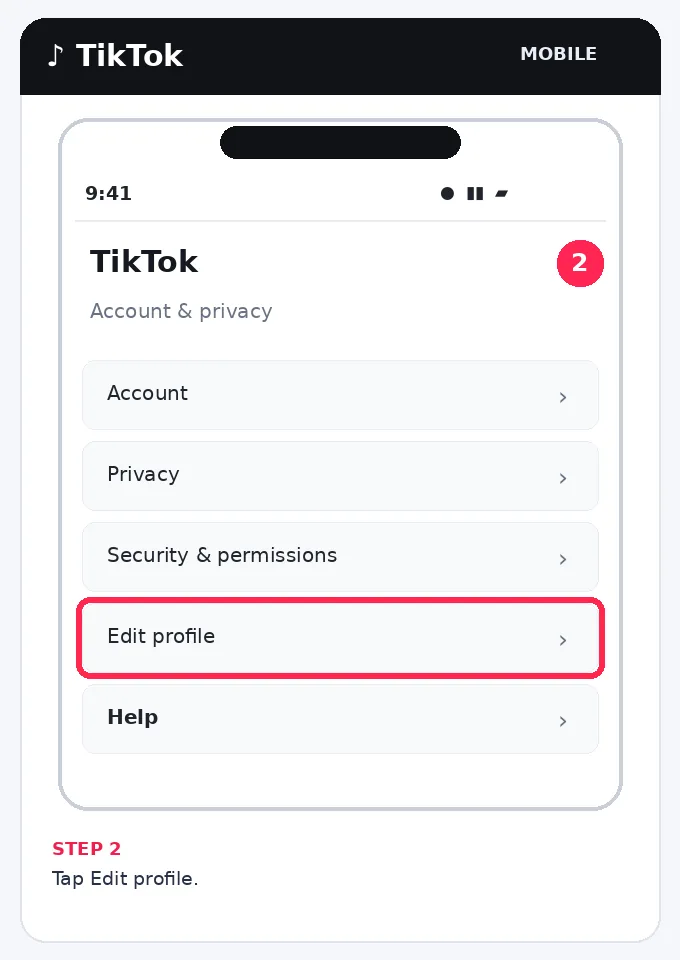 Illustrative TikTok interface for mobile, step 2; actual interface may differ