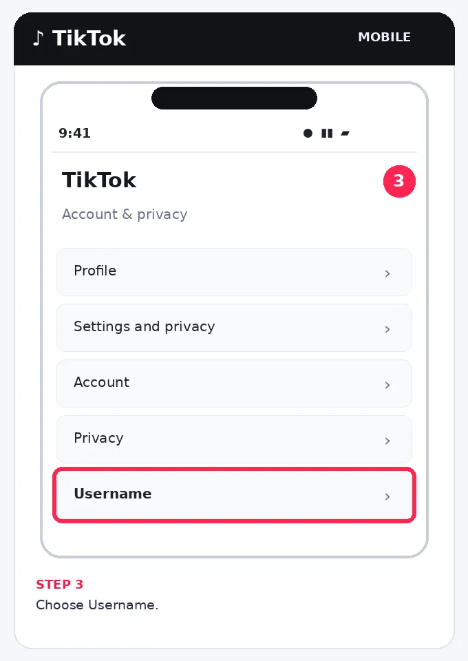 Illustrative TikTok interface for mobile, step 3; actual interface may differ