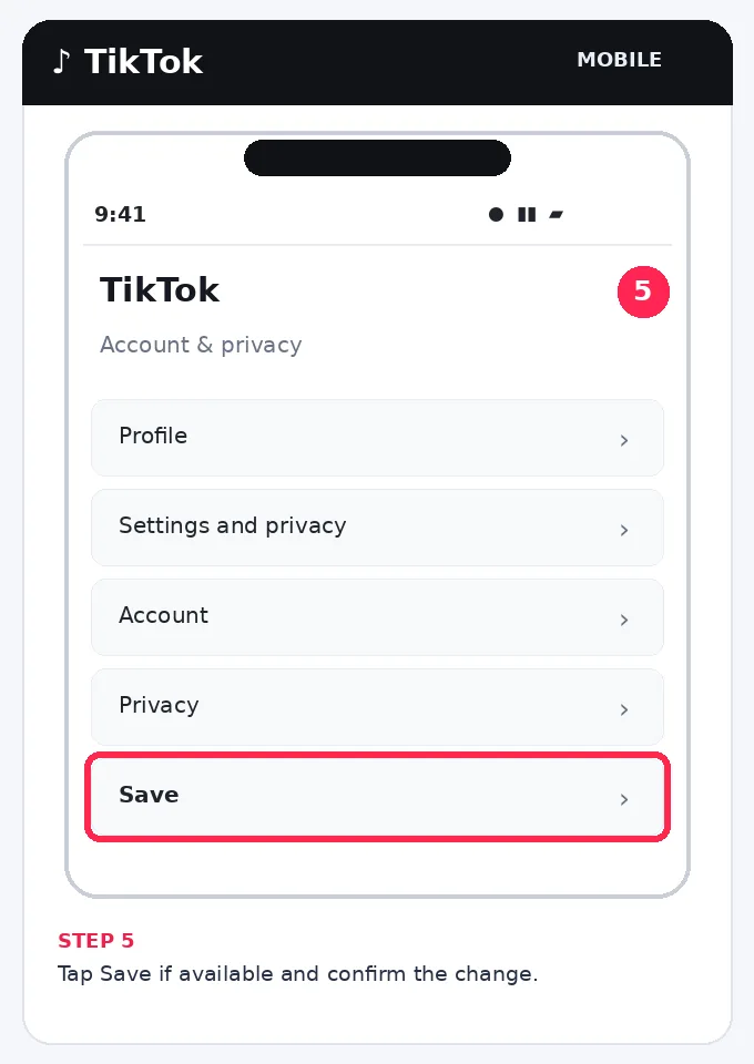 Illustrative TikTok interface for mobile, step 5; actual interface may differ