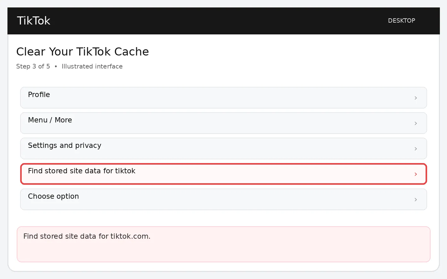 Illustrative TikTok interface for desktop, step 3; actual interface may differ