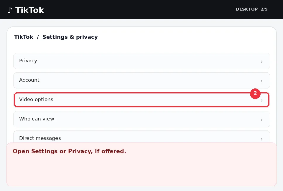 Illustrative TikTok interface for desktop, step 2; actual interface may differ