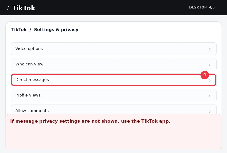Illustrative TikTok interface for desktop, step 4; actual interface may differ