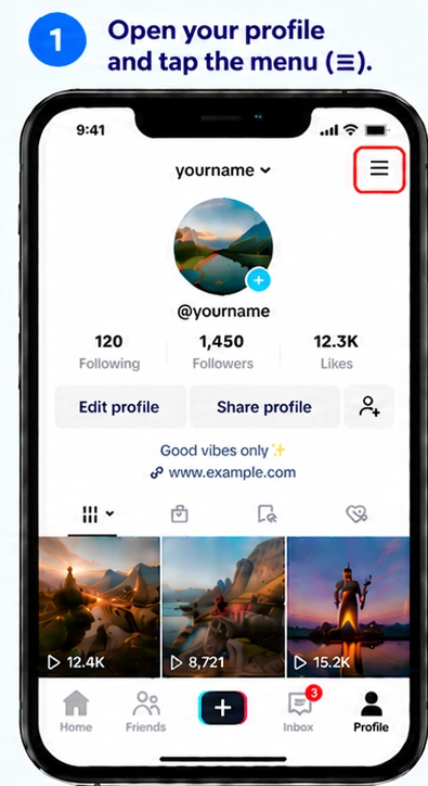 Illustrative TikTok interface for mobile, step 1; actual interface may differ