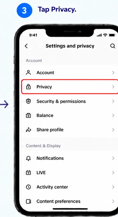 Illustrative TikTok interface for mobile, step 3; actual interface may differ