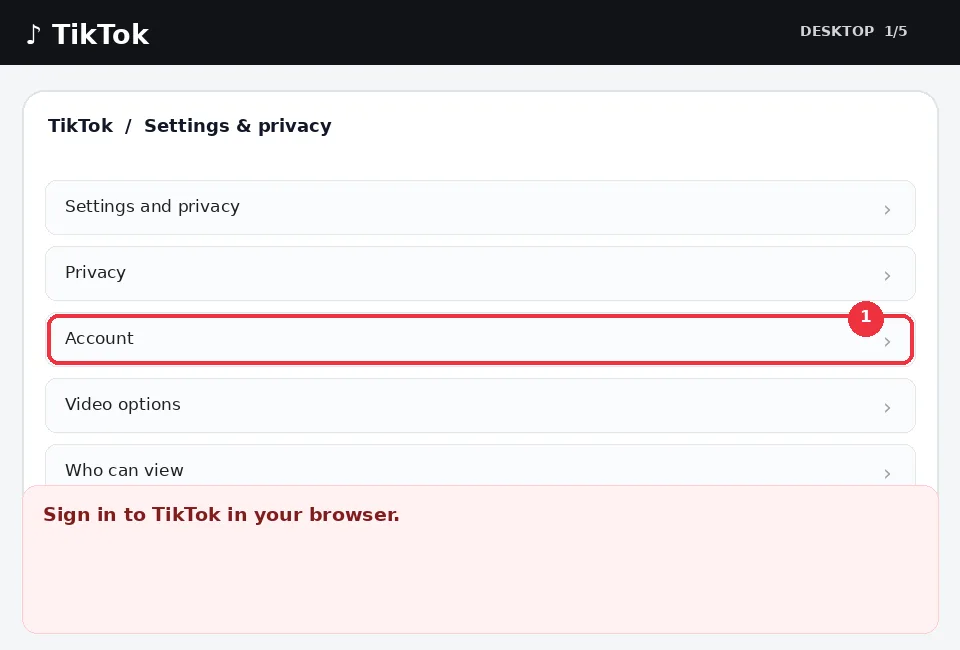 Illustrative TikTok interface for desktop, step 1; actual interface may differ