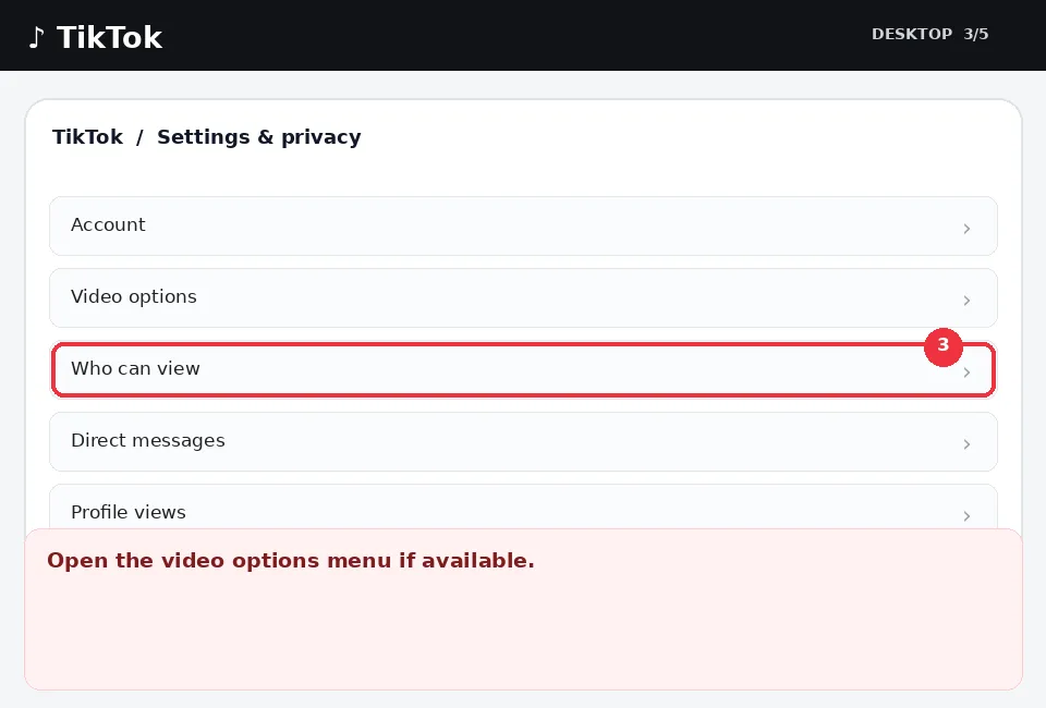 Illustrative TikTok interface for desktop, step 3; actual interface may differ