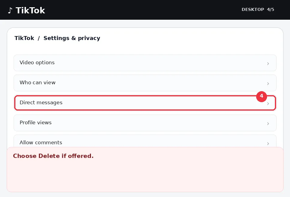 Illustrative TikTok interface for desktop, step 4; actual interface may differ