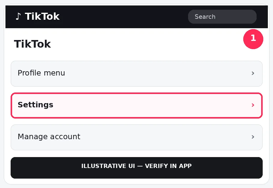 Illustrative TikTok interface for desktop, step 1; actual interface may differ