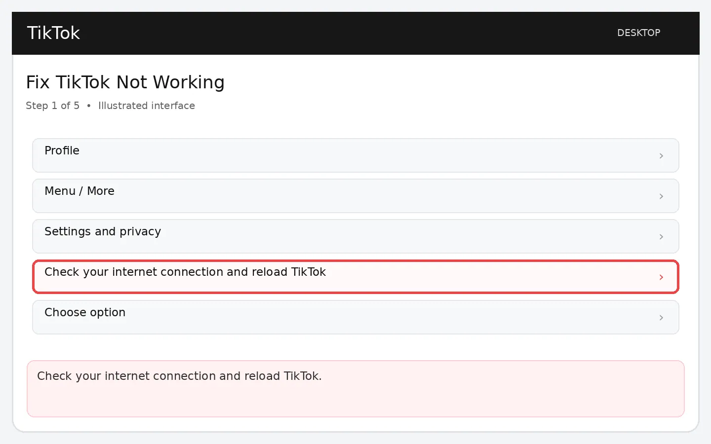 Illustrative TikTok interface for desktop, step 1; actual interface may differ