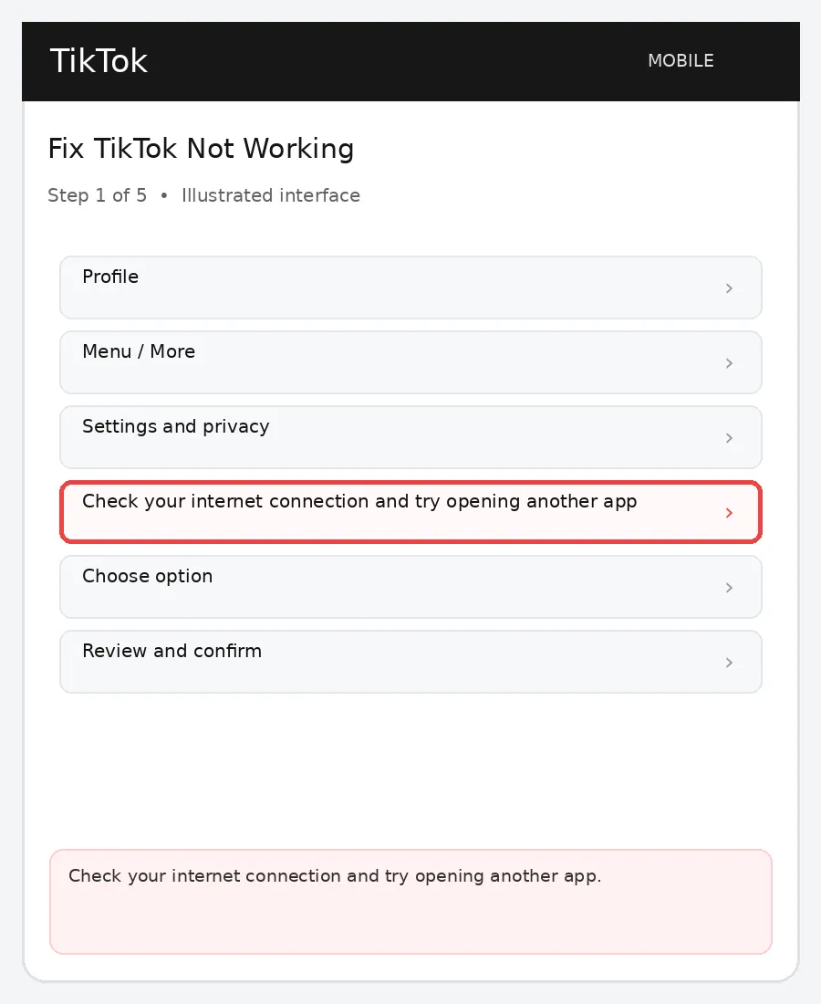 Illustrative TikTok interface for mobile, step 1; actual interface may differ