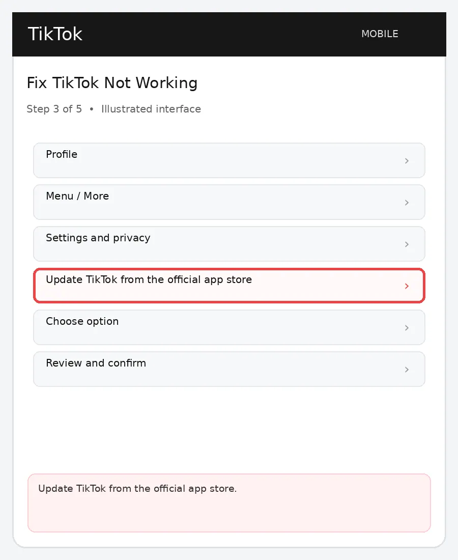 Illustrative TikTok interface for mobile, step 3; actual interface may differ