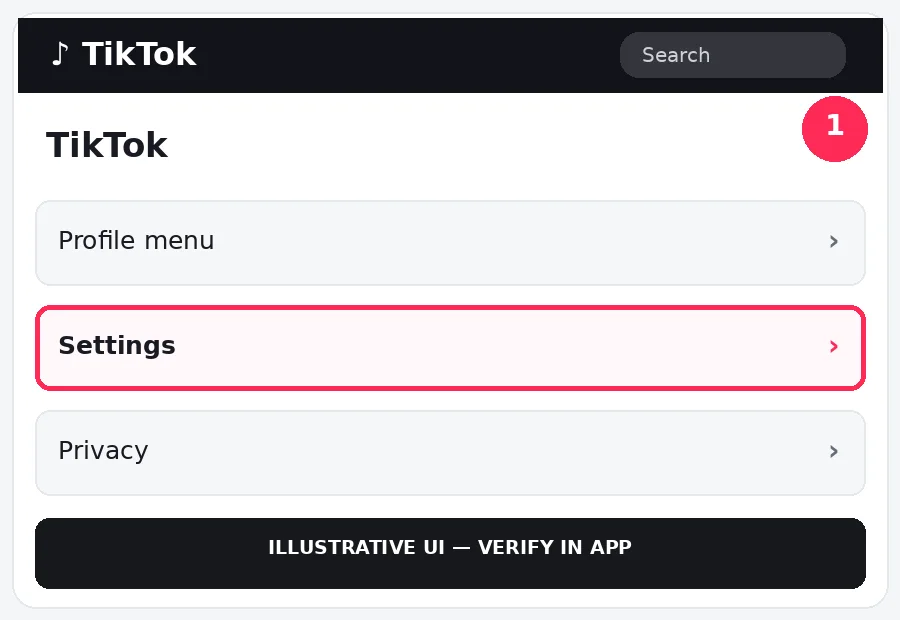 Illustrative TikTok interface for desktop, step 1; actual interface may differ