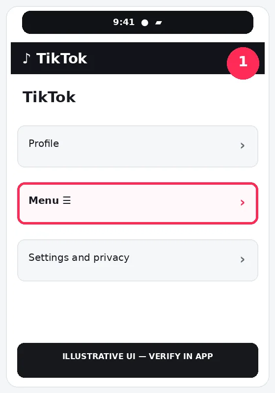 Illustrative TikTok interface for mobile, step 1; actual interface may differ