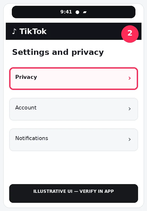 Illustrative TikTok interface for mobile, step 2; actual interface may differ