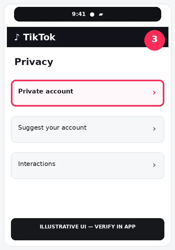 Illustrative TikTok interface for mobile, step 3; actual interface may differ