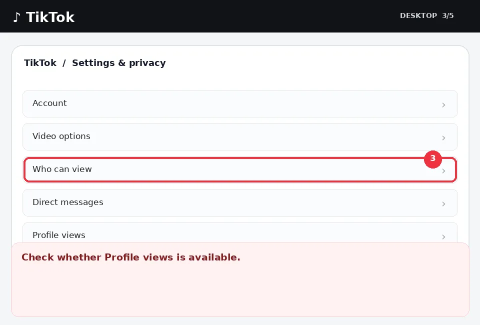 Illustrative TikTok interface for desktop, step 3; actual interface may differ