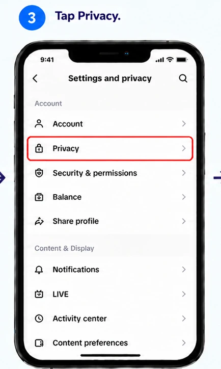 Illustrative TikTok interface for mobile, step 3; actual interface may differ